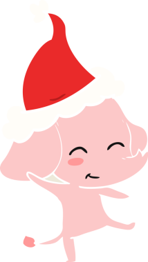 Bir insanın çizdiği Noel Baba şapkasıyla dans eden bir filin düz renk çizimi.