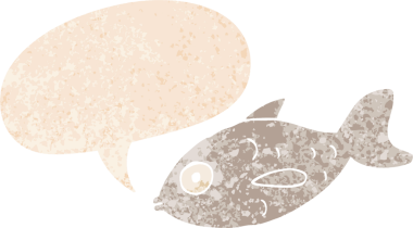 grunge 'da konuşma baloncuğu olan karikatür balığı bir insan tarafından çizilmiş dertli retro stil.