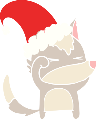 Bir insan tarafından çizilmiş xmas şapkası giyen yorgun kurt düz renkli çizgi film.