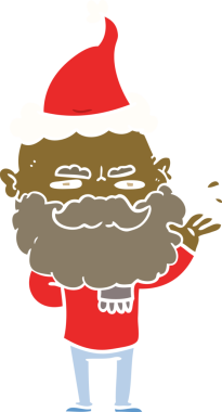 El çizimi düz renk çizimi, sakallı, somurtkan bir adamın Noel Baba şapkası takan bir insan tarafından çizilmiş.