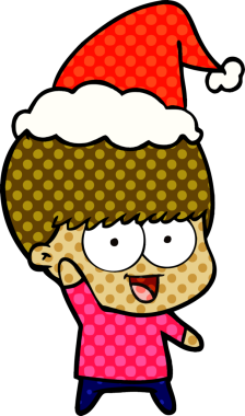 Mutlu el çizimi çizgi roman tarzı Noel Baba şapkası takan bir çocuğun bir insan tarafından çizilmiş resmi.