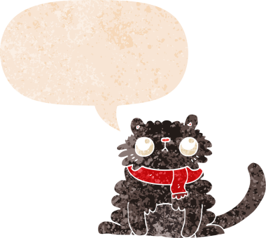 grunge 'da konuşma balonu olan çizgi film kedisi bir insan tarafından çizilmiş dertli retro desenli