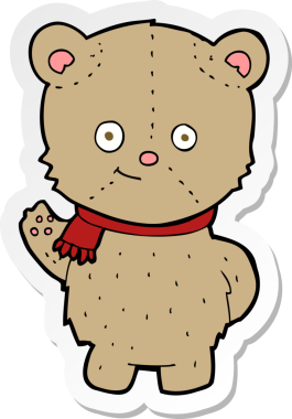 Bir insan tarafından çizilmiş oyuncak ayı sallayan bir karikatür çıkartması.