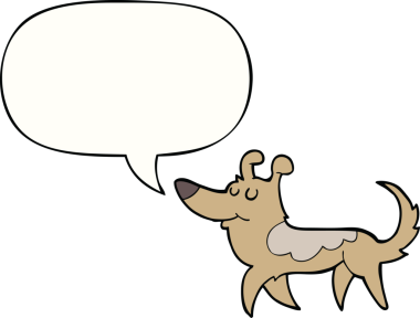 Bir insan tarafından çizilmiş konuşma balonu olan çizgi film köpeği.