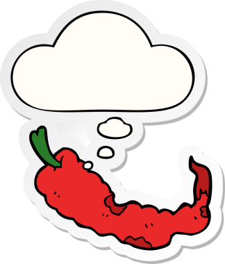 İnsan tarafından çizilmiş bir çıkartma olarak düşünce baloncuklu kırmızı biber çizgi filmi.