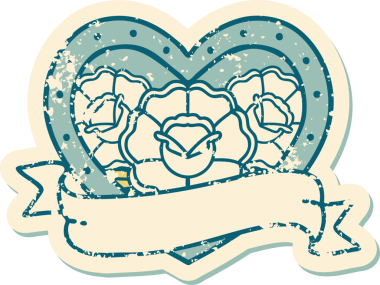 Bir insanın çizdiği çiçekli kalp ve pankartın sembolik dövmeli resmi.