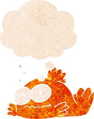 Düşünce baloncuklu çizgi film japon balığı bir insan tarafından çizilmiş dertli retro tarzı