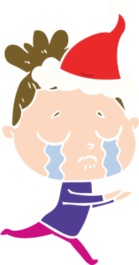 Bir insan tarafından çizilmiş Noel Baba şapkası takan ağlayan bir kadının düz renkli çizimi.
