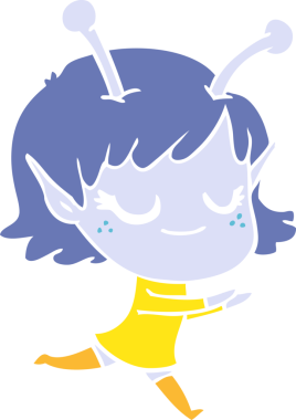 Gülümseyen uzaylı kız düz renkli çizgi film bir insan tarafından çizildi.