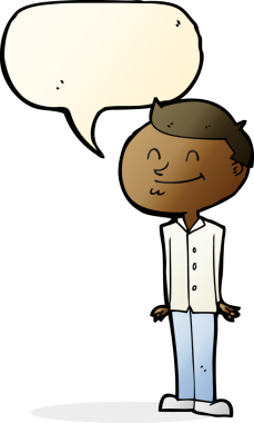 Bir insan tarafından çizilmiş konuşma balonlu gülümseyen adam.