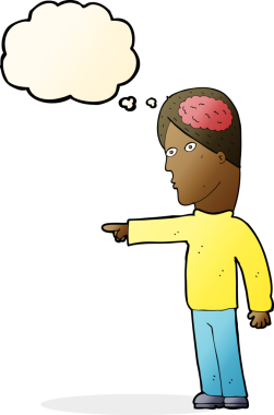 Bir insan tarafından çizilmiş düşünce baloncuğuyla işaret eden zeki bir adam.