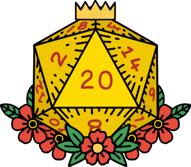 Retro Dövme Biçimi Doğal 20 D20 zar bir insan tarafından çizilmiş çiçek elementleriyle