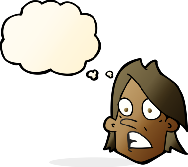 Bir insan tarafından çizilmiş düşünce baloncuklu karikatür korkmuş yüzü.