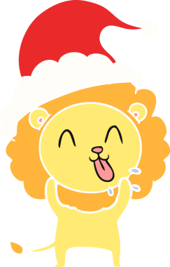 Bir insan tarafından çizilmiş Noel Baba şapkası takan bir aslanın düz renk çizimi.