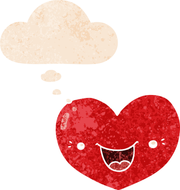 Karikatür aşk karakteri, insan tarafından çizilmiş grunge 'deki düşünce baloncuğu, sıkıntılı retro stil.