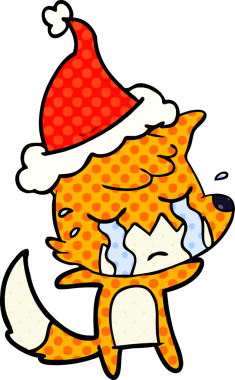 Ağlayan tilki eli bir insan tarafından çizilmiş Noel Baba şapkasının çizgi roman çizimi.