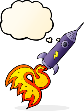 Bir insan tarafından çizilmiş düşünce baloncuklu uzay roketi.