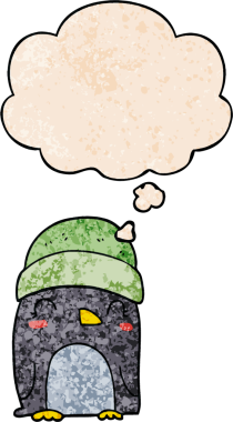 Bir insan tarafından çizilmiş grunge desenli düşünce baloncuklu sevimli penguen.