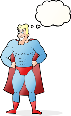 Bir insan tarafından çizilmiş düşünce baloncuğu olan bir süper kahraman.