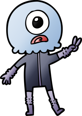 Çizgi film Tepegöz uzaylı uzay adamı bir insan tarafından çizilmiş barış işareti veriyor.