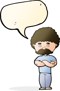 Bir insan tarafından çizilmiş, kolları katlanmış, konuşma balonu olan çizgi film babası.