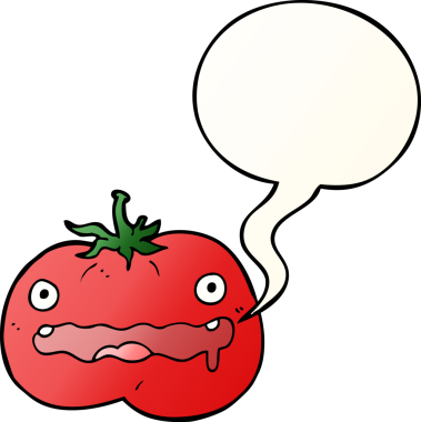 bir insan tarafından çizilmiş, konuşma baloncuklu çizgi film domatesi.