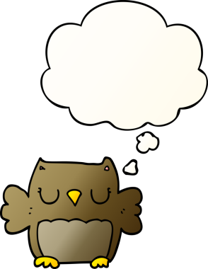 Bir insan tarafından çizilmiş yumuşak eğimli düşünce baloncuğu olan sevimli çizgi film baykuşu