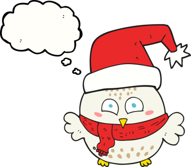 Bir insan tarafından çizilmiş serbest çizim balon karikatür şirin noel baykuşu.