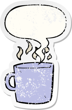 Bir insan tarafından çizilmiş, sıkıntılı, sıkıntılı, eski bir çıkartma olan bir kahve fincanı.