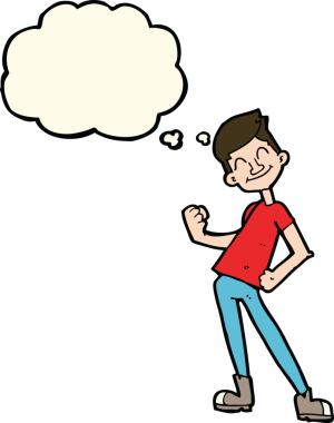 Bir insan tarafından çizilmiş düşünce baloncuğu olan bir adamı kutlayan çizgi film.