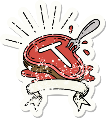 Bir insan tarafından çizilmiş eski bir dövme stili biftek ve çatal.