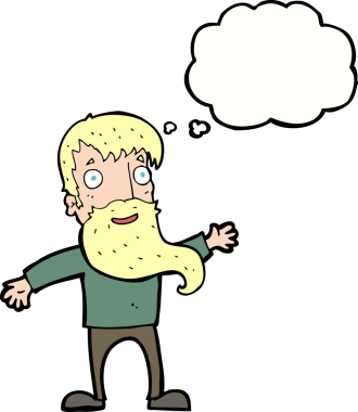 Bir insan tarafından çizilmiş düşünce baloncuğuyla sakallı bir çizgi film adamı.