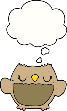 Bir insan tarafından çizilmiş düşünce baloncuklu çizgi film baykuşu