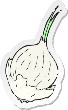Bir insan tarafından çizilmiş sarımsak karikatürünün gerilemiş yapıştırması.