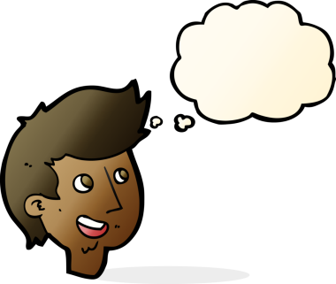 Bir insan tarafından çizilmiş düşünce baloncuklu mutlu çocuk yüzü.