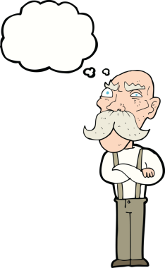 Bir insan tarafından çizilmiş düşünce baloncuğu olan kızgın yaşlı bir adam.