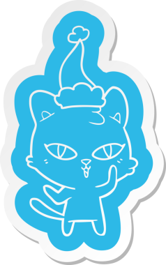 Bir insan tarafından çizilmiş Noel Baba şapkası takan bir kedinin garip karikatür çıkartması.