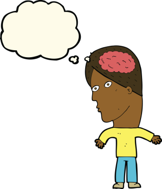 Bir insan tarafından çizilmiş beyin sembolü olan çizgi film adamı.