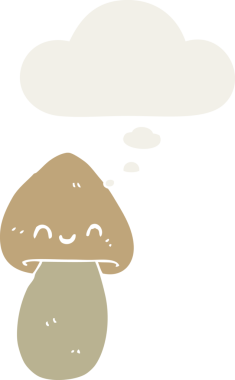 Düşünce baloncuğu olan çizgi film mantarları insan tarafından çizilmiş.