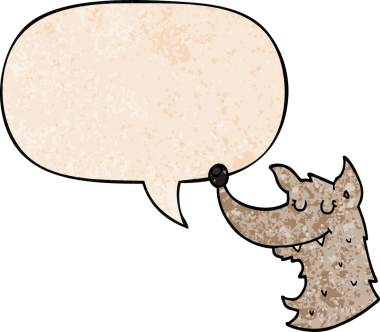 Konuşma baloncuğu olan bir karikatür kurdu insan tarafından çizilmiş.