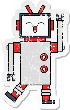 Bir insan tarafından çizilmiş sevimli bir robot çizgi film çıkartması.