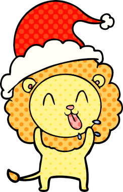 Mutlu el çizimi çizgi roman tarzı Noel Baba şapkası takan bir aslanın insan tarafından çizilmiş resmi.