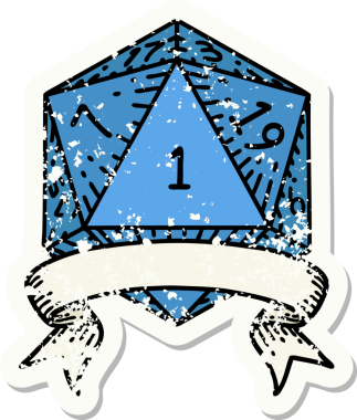 Bir insan tarafından çizilmiş doğal bir d20 zarının grunge çıkartması.