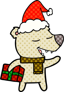 Bir insan tarafından çizilmiş Noel Baba şapkası giyen bir ayının el çizimi çizgi roman tasviri.