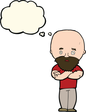 Karikatür, sakallı kel adamı şok etti. Düşünce baloncuğu insan tarafından çizildi.