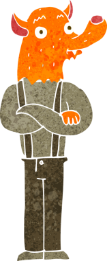 Bir insan tarafından çizilmiş tilki kafalı bir çizgi film adamı.