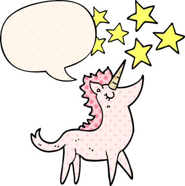 Bir insan tarafından çizilmiş çizgi roman tarzında konuşma balonu olan tek boynuzlu at.