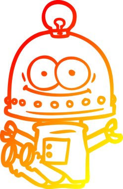 Bir insan tarafından çizilmiş ampullü mutlu bir robot çizimi.
