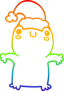 Gökkuşağı gradyan çizgisi. Bir insan tarafından çizilmiş Noel şapkası takan sevimli bir kurbağa çizimi.