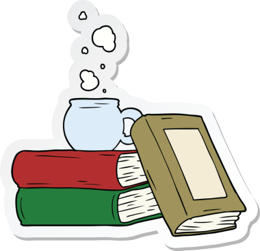 Çizgi film kahve fincanı çıkartması ve bir insan tarafından çizilmiş çalışma kitapları.